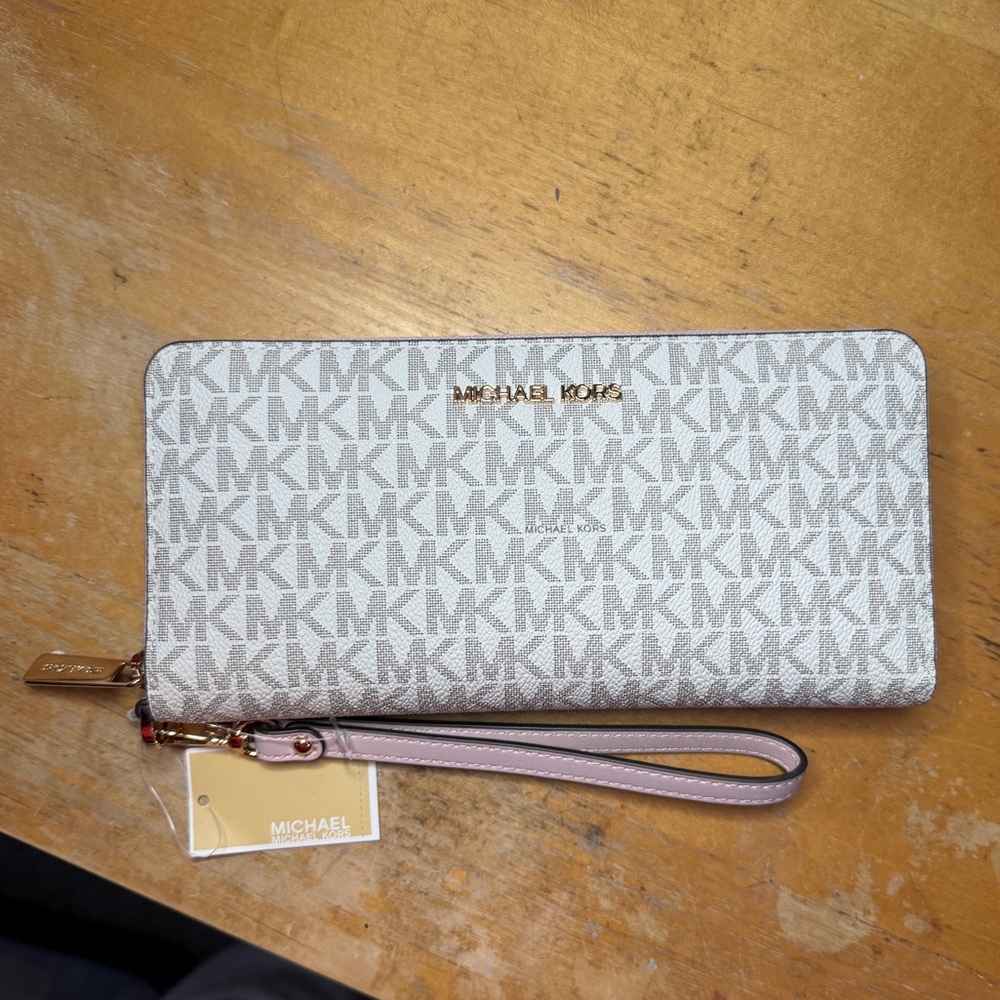 Michael Kors White Signature Zip-Around Wristlet with Pink Strap